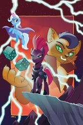 Size: 755x1147 | Tagged: safe, artist:tonyfleecs, derpibooru import, idw, capper dapperpaws, tempest shadow, trixie, abyssinian, anthro, pony, unicorn, my little pony: the movie, nightmare knights, spoiler:comic, spoiler:comicnightmareknights02, anthro with ponies, armor, broken horn, cape, clothes, dice, eye scar, female, flying, glowing horn, horn, lightning, looking at you, male, mare, official comic, scar