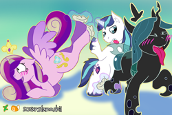 Size: 3000x2000 | Tagged: safe, artist:soranotamashii, princess cadance, queen chrysalis, shining armor, alicorn, changeling, changeling queen, pony, unicorn, blushing, eyes closed, feather, fetish, hoof fetish, hoof tickling, horn ring, tickle fetish, tickle torture, tickling, tongue out