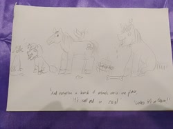 Size: 4032x3016 | Tagged: safe, artist:horsesplease, derpibooru import, capper dapperpaws, captain celaeno, king sombra, party favor, trouble shoes, pony, unicorn, my little pony: the movie, behaving like a dog, gallus the rooster, meet the soldier, sketch, sketch dump, sombra dog, team fortress 2, traditional art, year of the dog