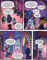 Size: 1046x1327 | Tagged: safe, artist:tonyfleecs, derpibooru import, idw, capper dapperpaws, princess luna, stygian, trixie, twilight sparkle, abyssinian, alicorn, pony, unicorn, my little pony: the movie, nightmare knights, spoiler:comic, spoiler:comicnightmareknights03, cape, clothes, comic, female, hat, male, mare, official comic, speech bubble, starry night terror, the alley cat, the dark horse, the great and powerful roxy, the great and powerful twily, top hat