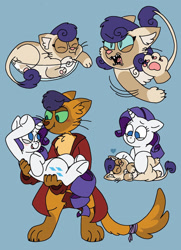 Size: 1024x1413 | Tagged: safe, artist:sandwichbuns, derpibooru import, capper dapperpaws, rarity, oc, oc:yarnball, abyssinian, anthro, hybrid, blue background, capperbetes, capperity, clothes, coat, cute, female, interspecies offspring, male, ocbetes, offspring, parent:capper, parent:rarity, parents:capperity, shipping, simple background, straight