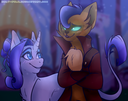 Size: 1200x950 | Tagged: safe, artist:azuriaus, derpibooru import, capper dapperpaws, rarity, abyssinian, anthro, pony, unicorn, my little pony: the movie, alternate hairstyle, anthro with ponies, blushing, capperity, chest fluff, clothes, coat, female, leonine tail, looking at each other, male, night, shipping, straight