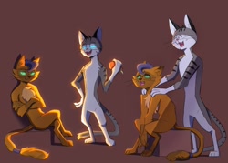 Size: 1280x914 | Tagged: safe, artist:fedubeat, derpibooru import, capper dapperpaws, chummer, abyssinian, anthro, cat, digitigrade anthro, my little pony: the movie, brown background, glowing eyes, missing accessory, shoulder rubbing, simple background, slit eyes