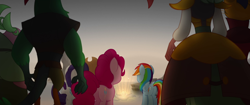 Size: 1920x804 | Tagged: safe, derpibooru import, screencap, applejack, capper dapperpaws, captain celaeno, lix spittle, mullet (character), pinkie pie, rainbow dash, rarity, anthro, earth pony, pegasus, pony, my little pony: the movie, anthro with ponies, basalt beach, female, light, male, mare, parrot pirates, pirate, rear view