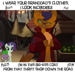 Size: 677x650 | Tagged: safe, derpibooru import, edit, edited screencap, editor:pony-berserker, screencap, capper dapperpaws, rarity, spike, twilight sparkle, twilight sparkle (alicorn), abyssinian, alicorn, anthro, my little pony: the movie, clothes, coat, cropped, food, frown, klugetown, lyrics, macklemore & ryan lewis, male, music notes, open mouth, singing, smug, song reference, text, thrift shop, watermelon