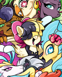 Size: 1889x2362 | Tagged: safe, artist:rougeredred, derpibooru import, capper dapperpaws, captain celaeno, grubber, princess skystar, queen novo, songbird serenade, tempest shadow, pegasus, pony, seapony (g4), my little pony: the movie, clothes, female, male, mare, open mouth