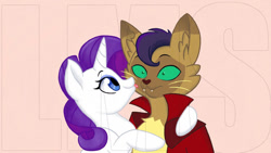 Size: 1024x576 | Tagged: safe, artist:littlemissstyle, derpibooru import, capper dapperpaws, rarity, abyssinian, pony, unicorn, capperity, colored sclera, cute, face licking, female, licking, male, mare, obtrusive watermark, shipping, shrunken pupils, straight, tongue out, watermark