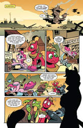 Size: 994x1528 | Tagged: safe, artist:andypriceart, derpibooru import, idw, big macintosh, capper dapperpaws, pinkie pie, earth pony, pony, my little pony: the movie, spoiler:comic, spoiler:comic76, airship, cha cha, clothes, comic, female, hat, klugetown, klugetowner, male, mare, official comic, preview, speech bubble, stallion, top hat