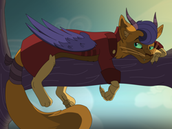 Size: 10594x7986 | Tagged: safe, artist:faitheverlasting, derpibooru import, capper dapperpaws, draconequus, my little pony: the movie, absurd resolution, clothes, draconequified, looking at you, male, solo, species swap, tree, tree branch