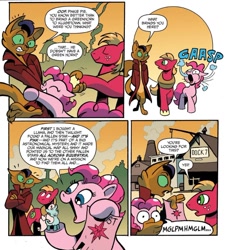 Size: 842x925 | Tagged: safe, artist:andypriceart, derpibooru import, idw, big macintosh, capper dapperpaws, pinkie pie, abyssinian, anthro, digitigrade anthro, earth pony, pony, my little pony: the movie, spoiler:comic, spoiler:comic76, anthro with ponies, cha cha, comic, female, klugetown, male, mare, official comic, speech bubble, stallion