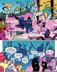 Size: 845x1066 | Tagged: safe, artist:andypriceart, derpibooru import, idw, apple bloom, capper dapperpaws, cosmos (character), pinkie pie, princess celestia, princess luna, scootaloo, sweetie belle, twilight sparkle, twilight sparkle (alicorn), alicorn, earth pony, pegasus, pony, unicorn, my little pony: the movie, spoiler:comic, spoiler:comic76, chaos, comic, cutie mark crusaders, female, filly, foal, mare, official comic, possessed, possesstia, speech bubble