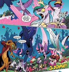 Size: 848x886 | Tagged: safe, artist:andypriceart, derpibooru import, idw, apple bloom, big macintosh, capper dapperpaws, cosmos (character), pinkie pie, princess celestia, princess luna, scootaloo, sweetie belle, twilight sparkle, twilight sparkle (alicorn), zecora, abyssinian, alicorn, digitigrade anthro, earth pony, pegasus, pony, unicorn, zebra, my little pony: the movie, spoiler:comic, spoiler:comic76, abyssinians doing cat things, angry, comic, cutie mark crusaders, fangs, female, fight, filly, foal, hissing, mare, nightmare face, official comic, possessed, possesstia, sombra eyes, sound effects, speech bubble, the nightmare before christmas