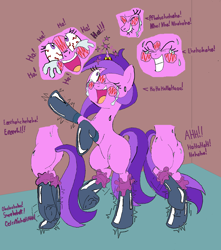 Size: 1456x1644 | Tagged: safe, artist:goomingtoll, artist:icey-wicey-1517, color edit, edit, amethyst star, sparkler, pony, unicorn, bipedal, bloodshot eyes, blushing, boots, clothes, colored, crying, eyes closed, female, fetish, grayscale, hoof fetish, hoof tickling, horn ring, latex, latex socks, laughing, lip bite, magic suppression, mare, missing cutie mark, one eye closed, open mouth, plot, recolor, shoes, socks, solo, sweat, tears of laughter, tickle fetish, tickle shoes, tickle torture, tickling, underhoof