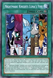 Size: 333x493 | Tagged: safe, artist:poppixierex, derpibooru import, idw, capper dapperpaws, princess luna, stygian, tempest shadow, trixie, alicorn, pony, my little pony: the movie, nightmare knights, spoiler:comic, yu-gi-oh!