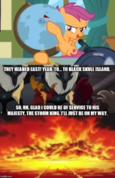 Size: 500x771 | Tagged: safe, derpibooru import, edit, edited screencap, screencap, capper dapperpaws, scootaloo, tempest shadow, my little pony: the movie, the last crusade, black skull island, caption, comic, globe, image macro, one piece, screencap comic, storm guard, text