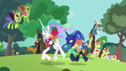 Size: 1920x1080 | Tagged: safe, derpibooru import, screencap, capper dapperpaws, discord, flam, flim, princess celestia, princess luna, smooze, abyssinian, alicorn, anthro, changedling, changeling, digitigrade anthro, draconequus, pony, unicorn, between dark and dawn, anthro with ponies, female, flim flam brothers, lotta little things, male, mare, royal sisters, stallion, tree