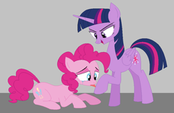 Size: 796x518 | Tagged: safe, artist:hyolark, pinkie pie, twilight sparkle, twilight sparkle (alicorn), alicorn, earth pony, pony, crying, domination, fetish, hoof fetish, hoof worship, licking, pure unfiltered evil, sad, tongue out, twidom, tyrant sparkle, you monster