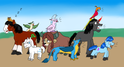 Size: 2200x1200 | Tagged: safe, artist:horsesplease, derpibooru import, capper dapperpaws, captain celaeno, double diamond, gallus, king sombra, party favor, philomena, silverstream, trouble shoes, yona, cat, horse, parrot, phoenix, pony, yak, my little pony: the movie, barking, cloven hooves, clydesdale, crowing, doggie favor, farm, female, gallus the rooster, male, onomatopoeia, screaming, silverstream the hen, sleeping, snoring, sombra dog, sound effects, stallion, unshorn fetlocks, zzz