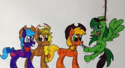 Size: 2245x1229 | Tagged: safe, artist:frollo7797, applejack, oc, oc:batberry, oc:orangejack, oc:windy barebow evergreen, bat pony, earth pony, pegasus, pony, blushing, bondage, ear piercing, earring, feather, female, fetish, hat, hoof fetish, hoof tickling, jewelry, mare, mouth hold, open mouth, piercing, rope, rope bondage, sweat, tickle torture, tickling