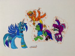 Size: 2592x1936 | Tagged: safe, artist:frollo7797, oc, oc only, oc:flora boldbash, oc:moonshine twinkle, oc:orangejack, oc:tammy spears, alicorn, earth pony, pony, unicorn, alicorn amulet, alicorn oc, artificial wings, augmented, boots, clothes, ear piercing, earring, eyes closed, female, fetish, glasses, glowing horn, hoof fetish, hoof tickling, jewelry, magic, magic wings, mare, open mouth, piercing, shoes, socks, sweat, tattoo, tickle fetish, tickle torture, tickling, traditional art, wings