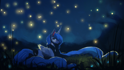 Size: 1920x1080 | Tagged: safe, artist:hierozaki, princess luna, alicorn, firefly (insect), pony, female, mare, night, smiling, solo