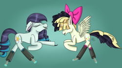 Size: 1084x605 | Tagged: safe, alternate version, artist:derpyhooves567, coloratura, songbird serenade, earth pony, pegasus, pony, my little pony: the movie, bow, clothes, duo, ear fluff, eyes closed, feather, female, fetish, gradient background, hair bow, hair over eyes, hoof fetish, hoof tickling, laughing, mare, open mouth, rara, signature, socks, stockings, thigh highs, tickling