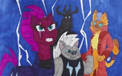 Size: 1823x1136 | Tagged: safe, artist:rapidsnap, derpibooru import, capper dapperpaws, grubber, storm king, tempest shadow, my little pony: the movie, lightning, traditional art