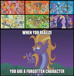Size: 1134x1152 | Tagged: safe, derpibooru import, edit, edited screencap, screencap, autumn blaze, babs seed, capper dapperpaws, coco pommel, gabby, gallus, garble, gilda, gummy, little strongheart, ocellus, opalescence, owlowiscious, silverstream, steven magnet, tank, yona, alicorn, bird, buffalo, cat, changedling, changeling, dragon, earth pony, griffon, hippogriff, kirin, owl, pony, sea serpent, yak, friendship is magic, the last problem, caption, facial hair, meme, most of the characters, moustache, sad, teary eyes, text, they forgot about me