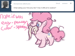 Size: 646x486 | Tagged: safe, artist:nidote-the-nidoran, pinkie pie, earth pony, pony, rat, ask, eaten alive, fetish, filly, messy mane, pinkie pred, predation, smiling, soft vore, the peckish pony, tumblr, vore