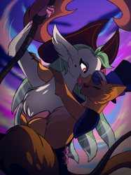 Size: 774x1033 | Tagged: safe, artist:percy-mcmurphy, derpibooru import, capper dapperpaws, captain celaeno, abyssinian, anthro, bird, parrot, beauty mark, blushing, caplaeno, eyes closed, female, hat, male, pirate hat, rope, shipping, smiling, straight, top hat