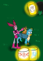 Size: 755x1058 | Tagged: safe, artist:horsesplease, derpibooru import, capper dapperpaws, gallus, oc, oc:dok saau, griffon, human, unicorn, 2020, grass, lantern, night, rabydosverse, sky lantern, spinel (steven universe), steven universe