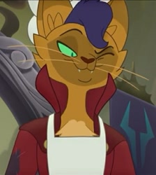 Size: 535x598 | Tagged: safe, derpibooru import, screencap, capper dapperpaws, abyssinian, anthro, cat, my little pony: the movie, ally, apron, banner, clothes, coat, cropped, cunning, fangs, handsome, looking at someone, looking down, one eye closed, slit eyes, smiling, smirk, solo, storm king's emblem, whiskers, wink