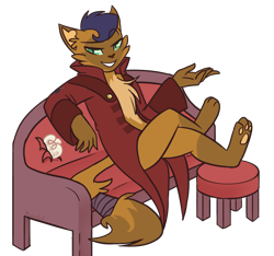 Size: 1200x1125 | Tagged: safe, artist:meanncat, derpibooru import, capper dapperpaws, abyssinian, anthro, my little pony: the movie, clothes, coat, eyebrows visible through hair, grin, looking at you, male, simple background, sitting, smiling, sofa, solo, speedpaint available, stool, transparent background