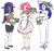 Size: 978x912 | Tagged: safe, artist:cabyowl, derpibooru import, pinkie pie, rarity, twilight sparkle, human, bag, book, cake, clothes, dress, eared humanization, female, hat, humanized, pony coloring, simple background, skirt, white background