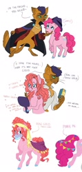 Size: 1024x2157 | Tagged: safe, artist:pikokko, derpibooru import, capper dapperpaws, pinkie pie, oc, oc:rose gold, abyssinian, anthro, digitigrade anthro, earth pony, pony, the saddle row review, alternate hairstyle, blushing, cape, capperpie, chest fluff, clone, clothes, coat, color change, colored hooves, disguise, dress, dyed mane, fedora, female, hair dye, hat, headband, mare, mirror, pinkie clone, simple background, teary eyes, veil, white background