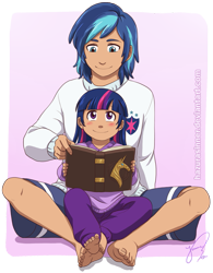 Size: 707x908 | Tagged: safe, artist:hazurasinner, shining armor, twilight sparkle, human, 2010s, 2012, barefoot, bbbff, blue eyes, blue hair, blushing, book, brother and sister, clothes, cute, family, feet, female, happy, humanized, jumper, legs, male, male feet, moderate dark skin, multicolored hair, pajamas, pants, purple eyes, reading, shorts, siblings, sitting, smiling, sweater, sweatpants, toenails, twiabetes, watermark