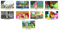 Size: 720x357 | Tagged: safe, derpibooru import, edit, edited screencap, screencap, angel bunny, apple bloom, applejack, capper dapperpaws, cheese sandwich, cloudy quartz, derpy hooves, discord, gummy, igneous rock pie, limestone pie, marble pie, maud pie, meadow song, merry may, opalescence, owlowiscious, pinkie pie, rainbow dash, rarity, scootaloo, spike, sweetie belle, tank, twilight sparkle, winona, dragon, earth pony, pegasus, pony, unicorn, a friend in deed, dragon quest, games ponies play, griffon the brush off, hearthbreakers, my little pony: the movie, pinkie pride, the cart before the ponies, twilight's kingdom, 1917, a marriage story, blue lily, cutie mark crusaders, ford v ferrari, jojo rabbit, joker (2019), little women, once upon a time in hollywood, oscars, parasite (movie), pie sisters, siblings, sisters, smile song, the irishman, young rarity