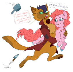 Size: 1024x1018 | Tagged: safe, artist:pikokko, derpibooru import, capper dapperpaws, pinkie pie, oc, oc:rose gold, abyssinian, anthro, digitigrade anthro, earth pony, pony, carrying, clothes, coat, colored hooves, cuphead, dialogue, female, knife, mare, pinkie clone, pot, running, running away, simple background, throwing, transparent background