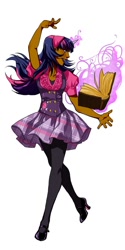 Size: 500x1000 | Tagged: safe, artist:lettiebobettie, twilight sparkle, human, book, clothes, female, high heels, horned humanization, humanized, magic, pantyhose, simple background, skirt, solo, vest, white background