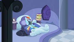 Size: 1280x720 | Tagged: safe, derpibooru import, screencap, rainbow dash, pegasus, pony, read it and weep, bed, bedroom, book, female, mare, on back, rainbow dash's house, reading, solo, wallpaper