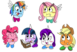 Size: 2106x1410 | Tagged: safe, artist:plastiware, derpibooru import, applejack, fluttershy, pinkie pie, rainbow dash, rarity, twilight sparkle, book, crossover, goomba, mane six, mario, mushroom, my little x, paper mario, simple background, species swap, super mario bros., white background