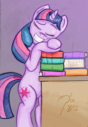 Size: 800x1147 | Tagged: safe, artist:pun-pun1, twilight sparkle, unicorn twilight, pony, unicorn, bipedal, book, eyes closed, female, mare, smiling, solo, that pony sure does love books