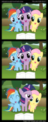 Size: 1330x3320 | Tagged: safe, artist:diegotan, derpibooru import, fluttershy, rainbow dash, twilight sparkle, pegasus, pony, animated, annoyed, book, classic, comic, eyes closed, filly, frown, glare, open mouth, poking, reading, smiling, worried