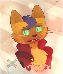 Size: 1970x2317 | Tagged: safe, artist:xrandomgurl, derpibooru import, capper dapperpaws, abyssinian, anthro, bust, capperbetes, chest fluff, clothes, coat, cute, ear fluff, male, open mouth, solo, watermark, whiskers