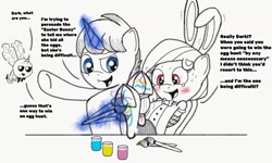 Size: 1478x887 | Tagged: safe, artist:darkknighthoof, oc, oc:beelzebug, oc:darkknighthoof, oc:juniper, arm behind back, blushing, bondage, bowtie, bunny ears, clothes, costume, crossed hooves, crying, dialogue, easter bunny, fetish, fishnet stockings, happy bondage, hoof fetish, hoof tickling, junihoof, laughing, magic, paint, paintbrush, rope, rope bondage, sweat, table, tears of laughter, tickling, unexpected