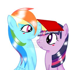 Size: 900x865 | Tagged: dead source, safe, artist:ashourii, derpibooru import, rainbow dash, twilight sparkle, pegasus, pony, blushing, book, female, lesbian, shipping, twidash, watermark