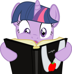 Size: 4457x4592 | Tagged: safe, artist:tensaioni, twilight sparkle, pony, absurd resolution, apple, book, female, food, hooves, horn, mare, pun, reading, shocked, solo, twilight (series)