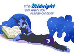 Size: 1500x1100 | Tagged: safe, artist:madmax, nightmare moon, alicorn, pony, book, butt, dialogue, eyeshadow, female, glasses, helmet, hoof shoes, looking at you, makeup, mare, peytral, plot, prone, reading, solo, stupid sexy nightmare moon