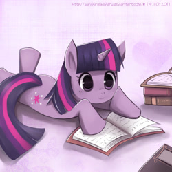 Size: 700x700 | Tagged: safe, artist:sunshineikimaru, twilight sparkle, unicorn twilight, pony, unicorn, book, female, happy, mare, prone, reading, smiling, solo