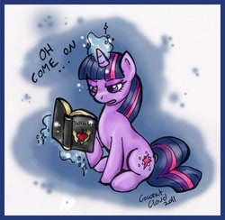 Size: 398x389 | Tagged: safe, artist:veritasket, twilight sparkle, unicorn twilight, pony, unicorn, book, dialogue, female, glowing horn, horn, magic, mare, sitting, solo, telekinesis, twilight (series)